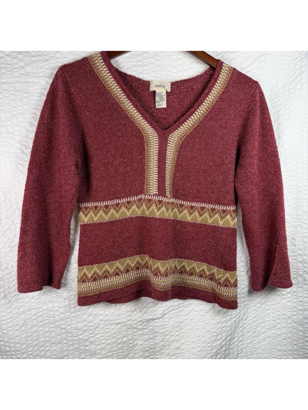 Ombre v Neck fair isle pullover Sweater Womens Sz 10 Grannycore Red